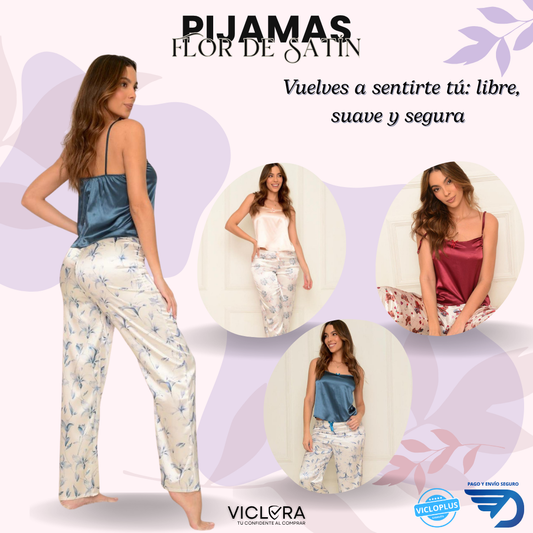 PIJAMAS FLOR DE SATÍN - TELA DE SATÍN PREMIUM TALLAS (S, M, L, XL)